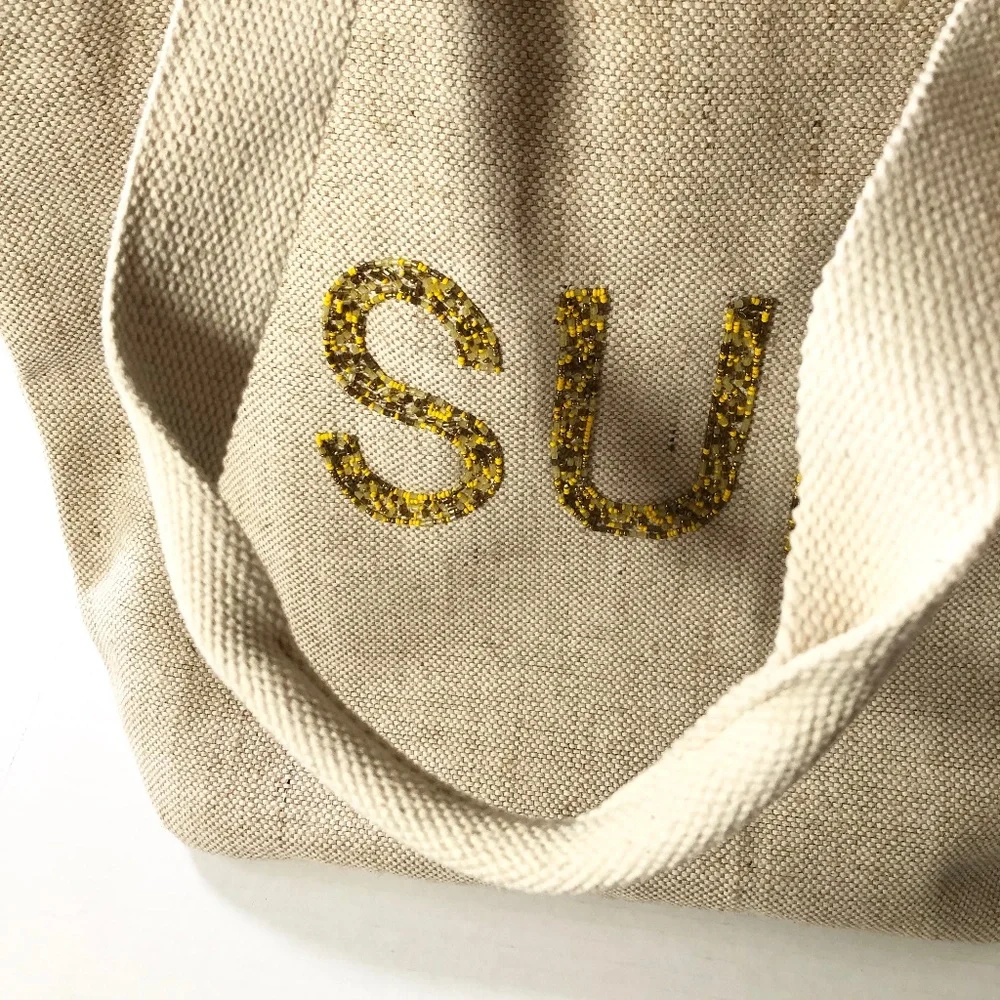 Beaded Jute Cotton Tote Bag Beach Pool Travel Resort Classic Natural Market SUN - Picture 3 of 7